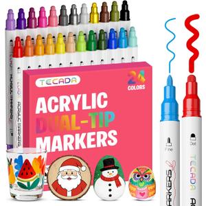 TEDECA 24 Colors Acrylic Paint Markers, Dual-Tip Acrylic Paint Pens for Fabric, Stone, Ceramic, Glass, Wood, Canvas, Metal, Rock Painting - Christmas Gift DIY Crafts Art Supplies, Fine and Dot Tip
