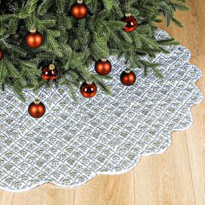 Christmas Tree Skirt Cotton Floral Block Tree Skirt in Nature Color for Home Xmas Party Seasonal Holiday Decoration Indoor Outdoor(60 Inch,Blue)