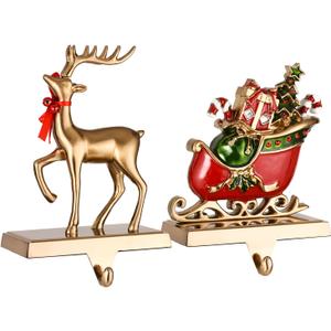2-Pack Reindeer Christmas Stocking Holders for Mantel - Anti-Slip Reindeer and Santa Stand Hanger - Sturdy Metal Christmas Decorations (Antique Gold, 2)