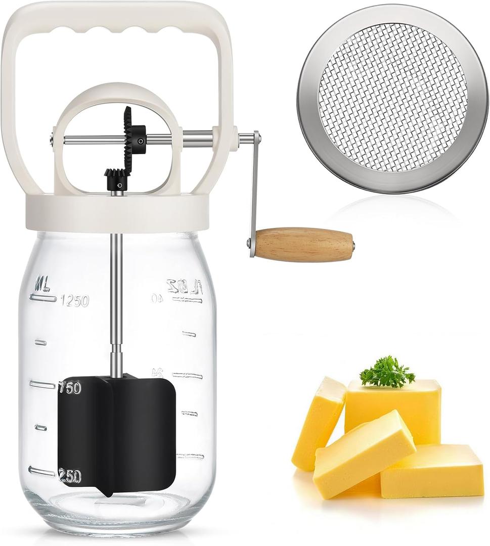 CAROD Classical Butter Churner, 1.5L Glass Jar with Hand Injury Prevention Device & Sifting Lid, 50oz Hand Crank Jar Maker Creates Fresh Homemade Butter within 15 Min, Ideal DIY Kitchen Gift (Silver)