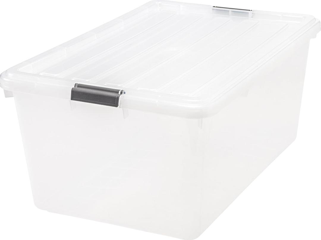 IRIS USA 68 Qt Stackable Plastic Storage Bins with Lids, 1 Pack - BPA-Free, See-Through Organizing Solution, Latches, Durable Nestable Containers, Secure Pull Handle, Made in USA - Clear