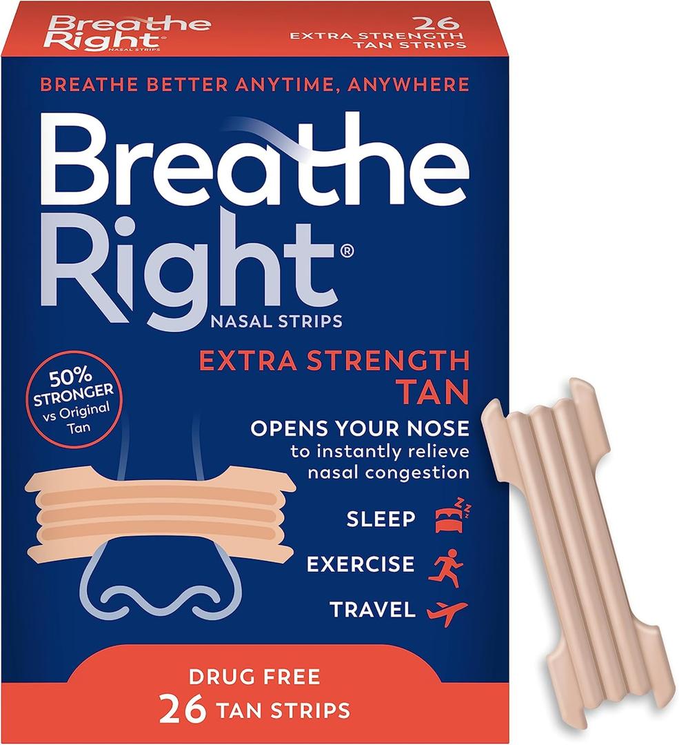 Breathe Right Nasal Strips, Extra Strength Tan Nose Strips, Drug-Free Nasal Congestion Relief for Better Breathing, Help Relieve Snoring, Caused by Colds & Allergies, Deviated Septum, 26ct