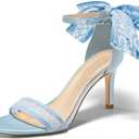 Coutgo Womens High Heels Sandals Lace Bow Tie Back Open Toe Ankle Strap Sexy Stiletto Wedding Party Dress Shoes, Size 8