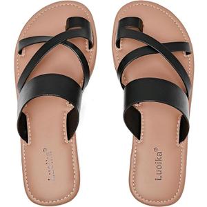 Luoika Women's Wide Width Flat Sandals, Flip Flop Slides Sandal Casual Strapy Sandal Slip on Summer Beach Shoes for Women, 9 X-Wide
