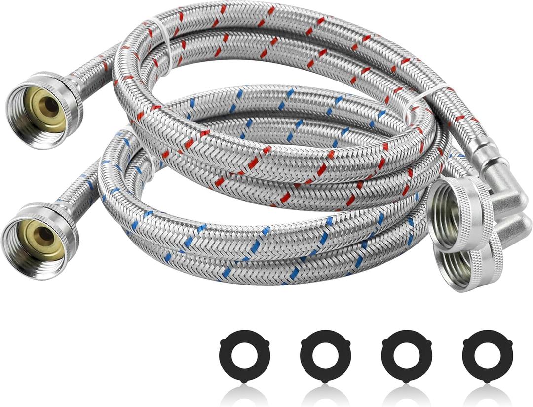 AMI PARTS 4ft Premium Burst-Proof Stainless Steel Washing Machine Hoses With 90 Degree Elbow - Suitable for All Washers - Red and Blue Striped Water Connection Inlet Supply Lines (2 Pack)