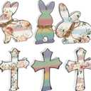 6 Pcs Easter Decorations Wood Bunny Cross Decoration Sign Tiered Tray Decor Farmhouse Rabbit Cross Easter Decor for the Home Spring Table Centerpiece, 6 Inch(Floral)