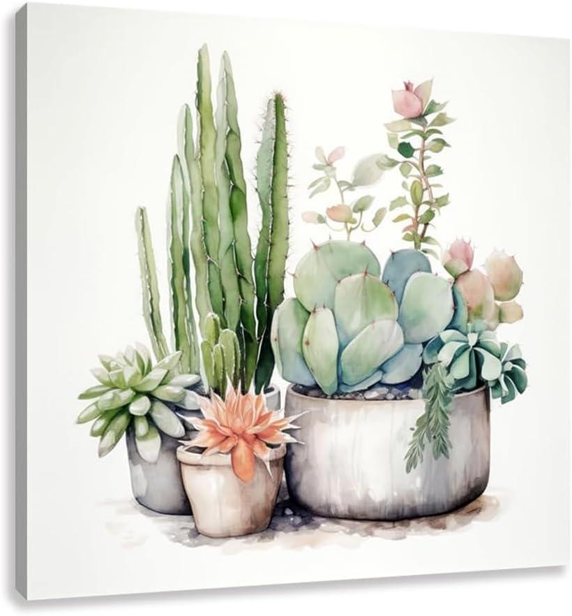 Bathroom Cactus Picture Wall Art Floral Flower Painting Print on Canvas for Home Decor 12''x12''