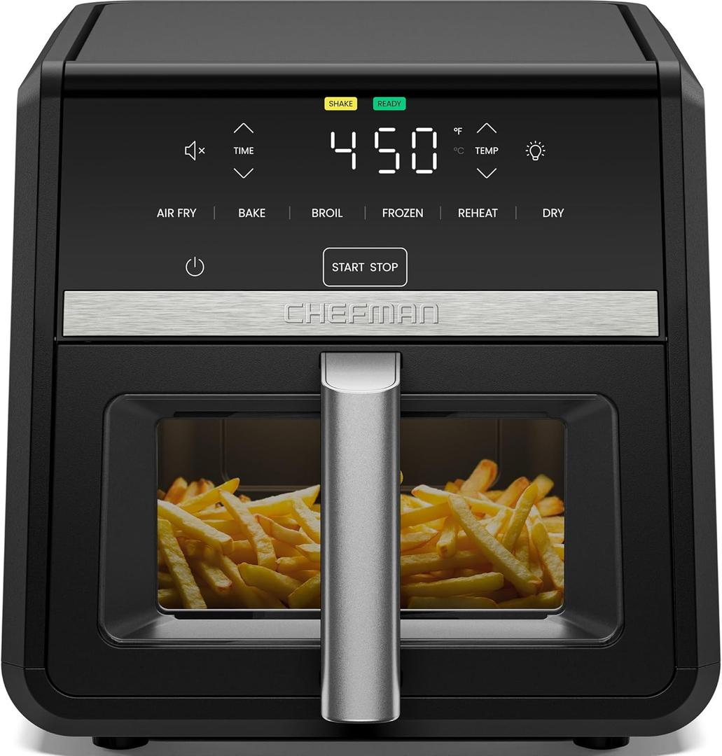Chefman Air Fryer TurboFry 9-Qt, 6-in-1 High-Powered 450F Cooking for Crispier French Fries, Chicken, and Onion Rings, XL Windowed Basket, Air Fry, Bake, Broil, Reheat, Dehydrate, Defrost  Black
