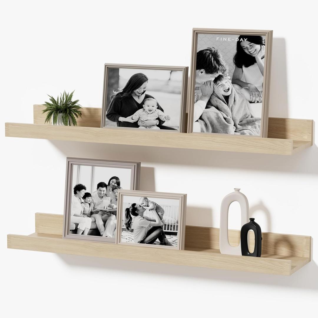 16inch Floating Picture Ledge Shelves 2-Pack, Oak Wall Mounted Shelves with Lip for Nursery, Kids Room, Living Room & Bedroom, Sturdy Floating Book Shelves for Photo Frames & Decor