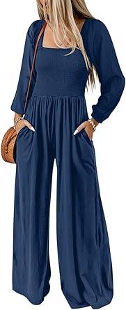 Dokotoo Women's Casual Loose Overalls Jumpsuits One Piece Long Sleeve Wide Leg Long Pant Rompers With Pockets,XXL