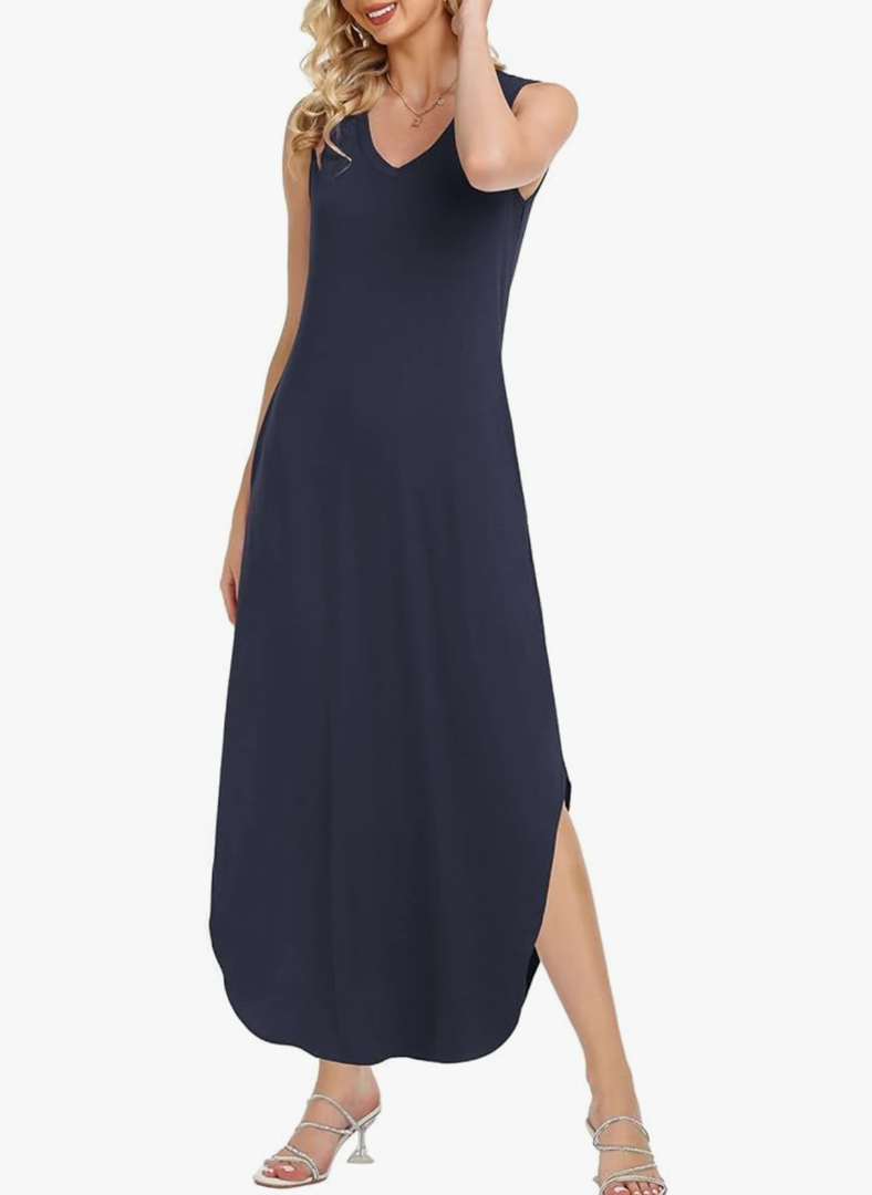 HUSKARY Women's Maxi Dresses V Neck Sleeveless Long Casual Dresses Loose Sundress with Pocket S