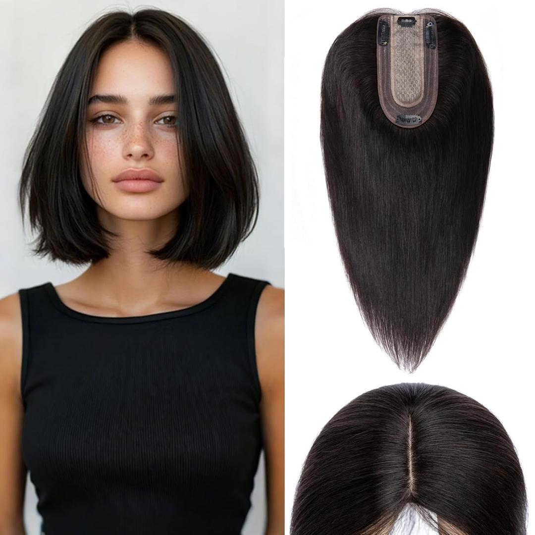 Rich Choices Hair Toppers for Women Real Human Hair No Bangs 100% Human Remy Toppers with Thinning Hairs Clip in Toppers HairPieces for Women 2.7"*5.1"Lace Base 12 Inch #1B Natural Black