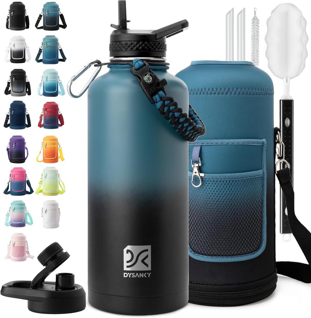 DYSANKY Insulated Water Bottle | Thickened Stainless Steel for Gym and Hiking with Straw, Carrier Bag, Handle Strap | BPA-Free 87 oz, Indigo Black