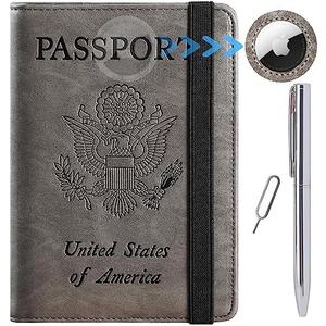 Airtag Passport Holder Cover Wallet Travel Essentials RFID Blocking Leather Card Case International Must Haves Travel Accessories for Women Men(119#Grey)