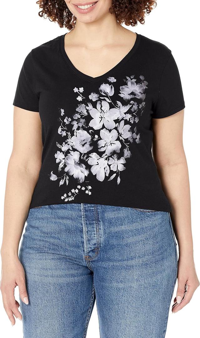 Hanes Women's Short Sleeve V-Neck Graphic T-Shirt (XX-Large, Beach Floral Cascade)