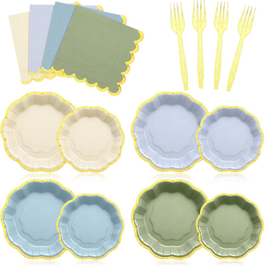 FoldTier 96 Pcs Dusty Blue Sage Green Gold Disposable Party Plate Set for 24/48 Guests 9" & 7" Scalloped Paper Plate Cocktail Napkin Plastic Forks for Birthday Farmhouse Wedding Baby Shower Tea Party
