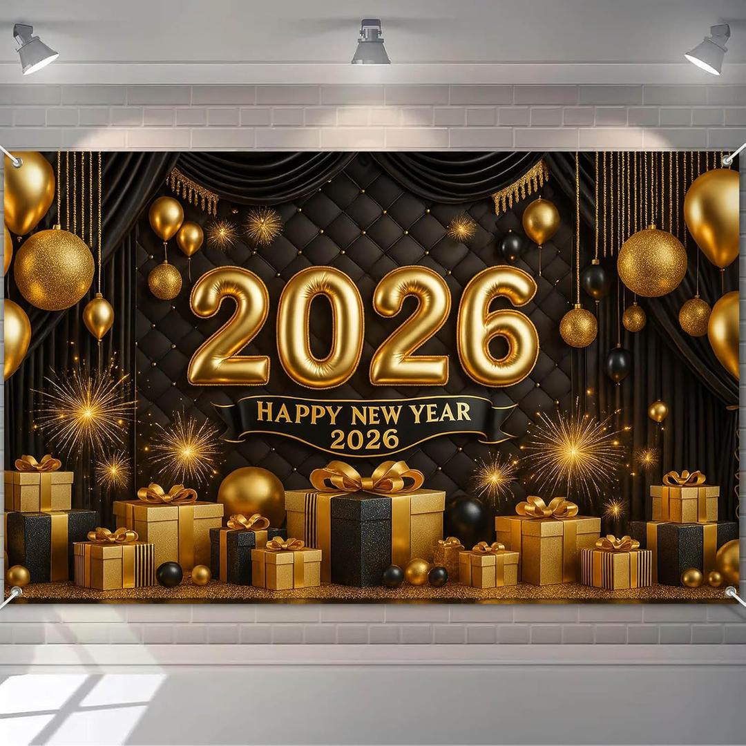 Happy New Year 2026 Backdrop Gold Black Balloons Fireworks Gift Boxes Sparkling Party Banner 71x43 Inches Chinese New Year Eve Decoration Indoor Outdoor Celebration Photography Background