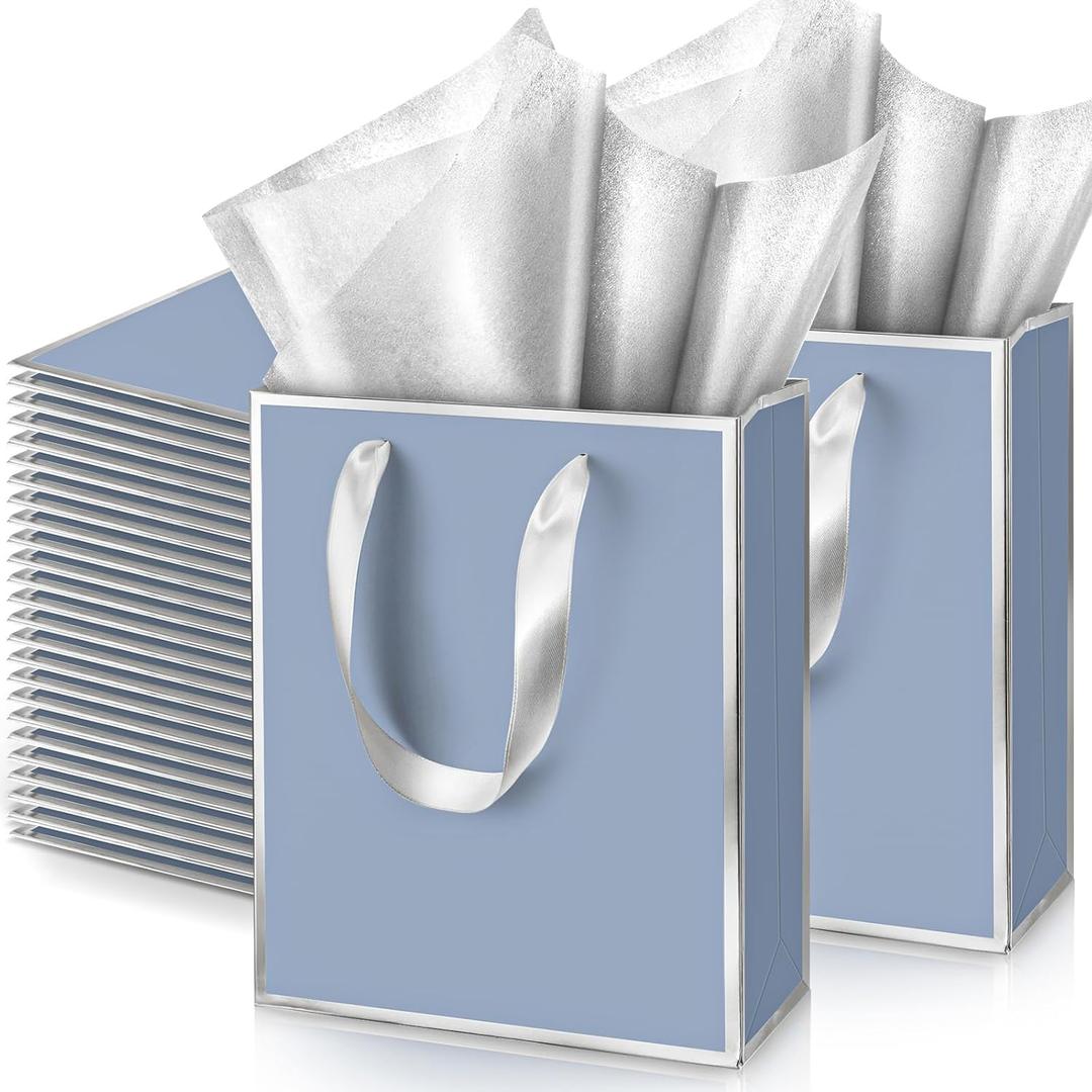 Yeaqee 50 Pack Metallic Gift Bags with Handle and Tissue Paper Gold Foil Thank You Bag for Graduation Wedding Groomsmen Bridal Baby Shower Gifts Holiday Party Favors 9x7x3.15'' (Dusty Blue,Silver)