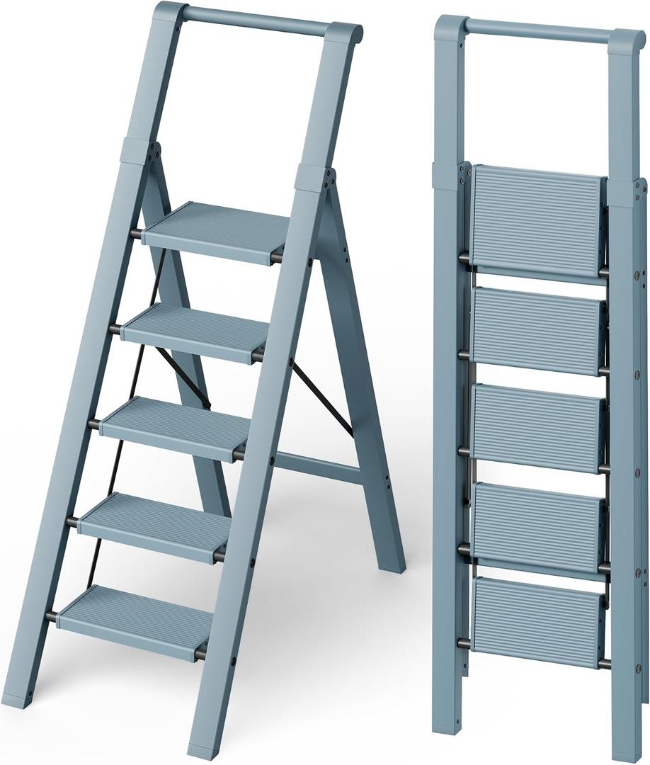 Mayi Plus 5 Step Ladder, Lightweight Folding Step Stool with Convenient Handgrip,Aluminum 330lbs Capacity Step Ladder for Office,Household,Kitchen,Library(Blue)