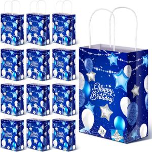 24 Pcs Birthday Gift Bags with Handles Navy Blue Silver Birthday Party Favors Goodie Paper Gift Wrapping Bags for Boy Girls Men Women Party Supplies, 5.9 x 3.2 x 8.3 Inches