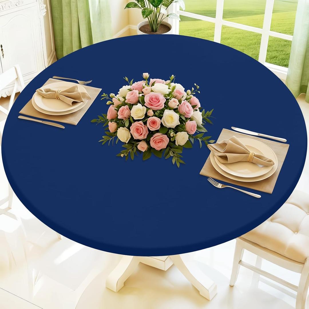 Moosfor Round Spandex Tablecloth, Elastic Fitted Waterproof Tablecloths for 45"-56" Tables, Stretch Washable Picnic Table Cover for Camping, Dining, Indoor and Outdoor, Navy