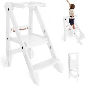 Foldable Toddler Tower, 3 Adjustable Height Toddler Standing Tower, Wooden Kids Kitchen Stool Helper with Safety Rails, Space Saving Kids Step Stool - Ages 18 Months to 6 Years (White)