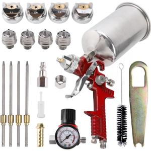 HVLP Gravity Feed Spray Gun, Automotive Air Paint Spray Gun Kit, Suitable for Auto Paint, Base Coat & Touch Up (RED 4 Nozzle) (red)