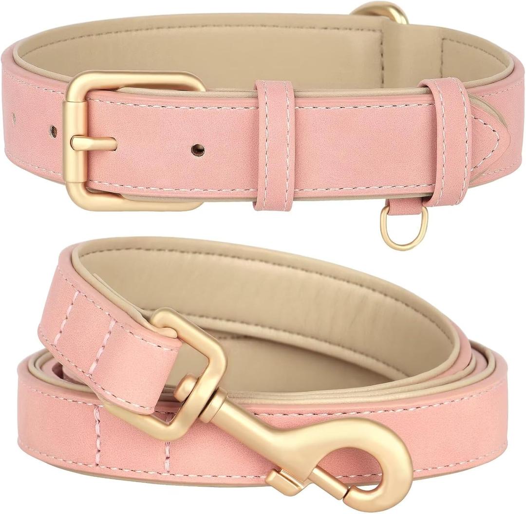 Beirui Soft Padded PU Leather Dog Collar and Leash Set, Durable Dog Leash and Collar Set with Metal Buckle, Breathable Pet Collars with 4FT Leash for Small Dogs(Pink, Neck 11-15")
