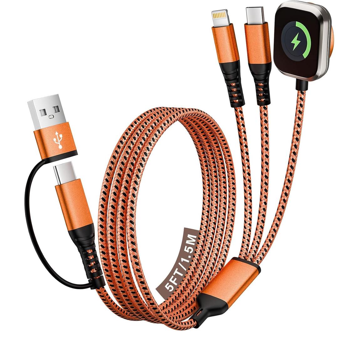 Travel Charger for iWatch & iPhone 17-8, 3 in 2 Multi Charging Cable/Cord with IP/USB C/iWatch Charger, Travel Chargers for Multiple Devices, Compatible with iWatch 11-1/iPhone/Galaxy/iPad/AirPods 5FT