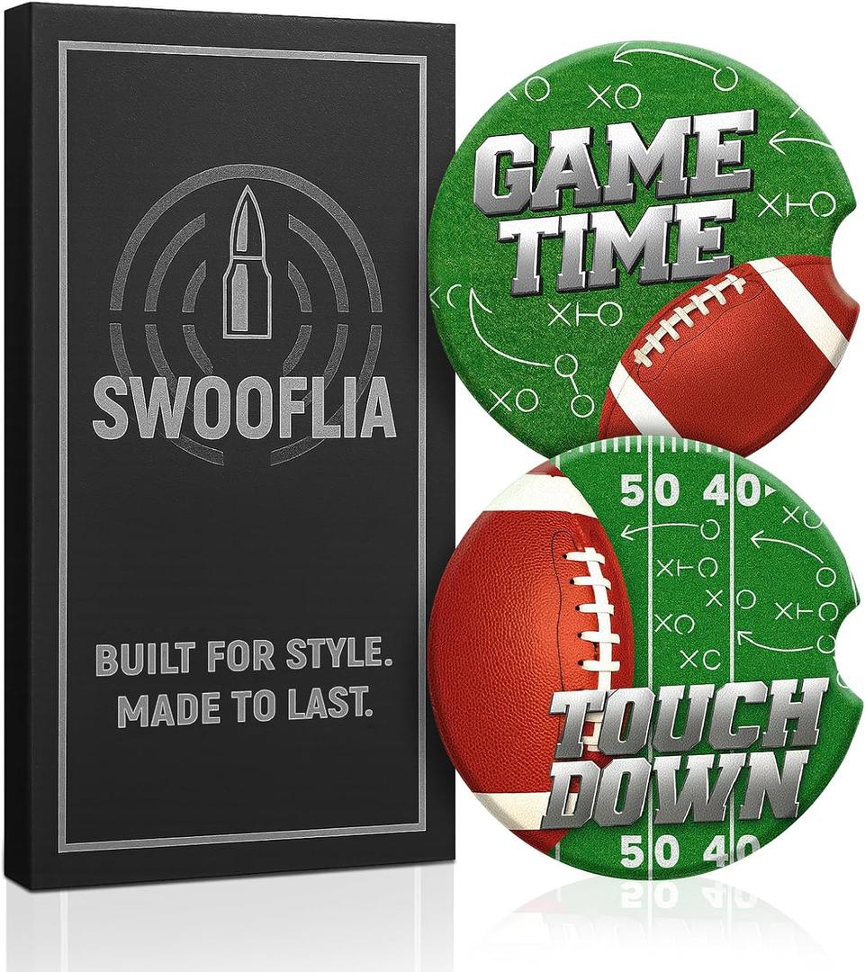 Swooflia Car Coasters for Men - Touch Down Ceramic Car Cupholder Coaster Cool Absorbent Mat Coaster with Cork Base 2 Pack Automotive Cup Holder Accessories New Driver Gifts