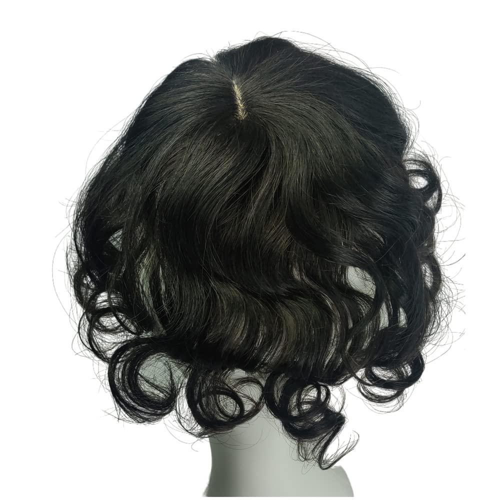Anemone Curly Wavy Human Toppers Clip In Toupee With Side Bangs Fringe For Women Wiglets Hairpieces For Mild Hair Loss Volume Cover Gray Hair (1B)