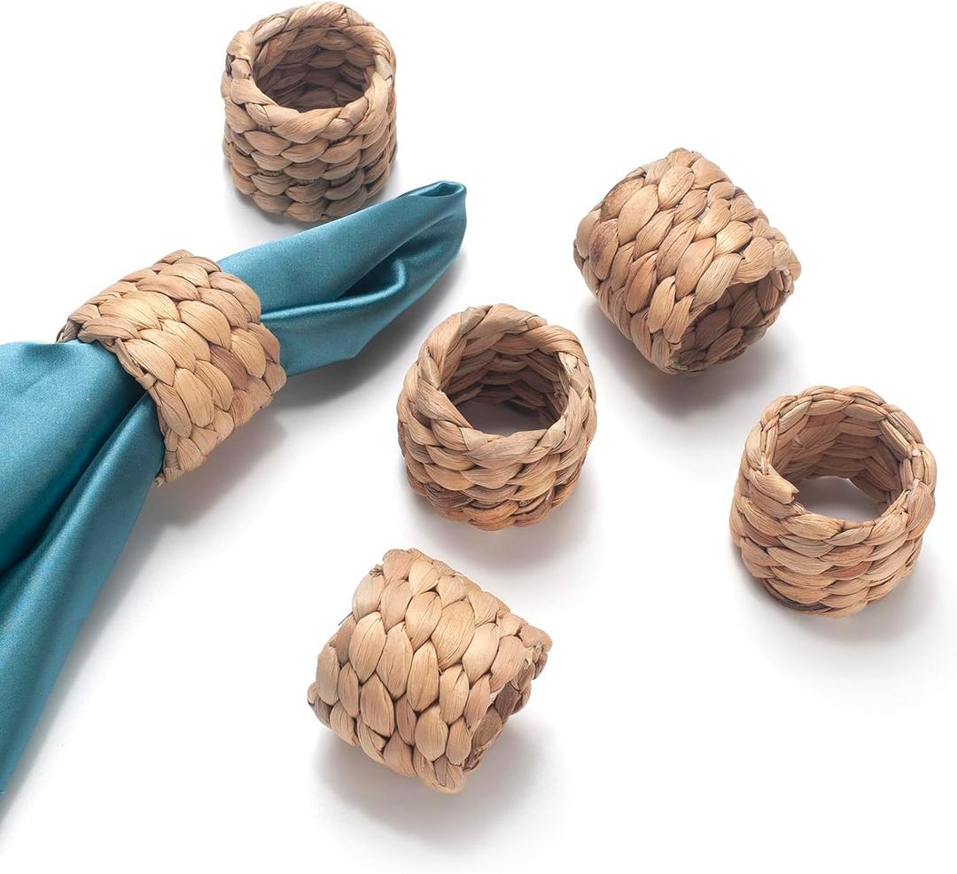 Napkin Rings Set of 6, Handmade Water Hyacinth Boho Napkin Rings, Rustic Farmhouse and Beach-Inspired Rattan Napkin Ring for Elegant Table Decoration, Perfect for Christmas Table Decor, Wedding Decor