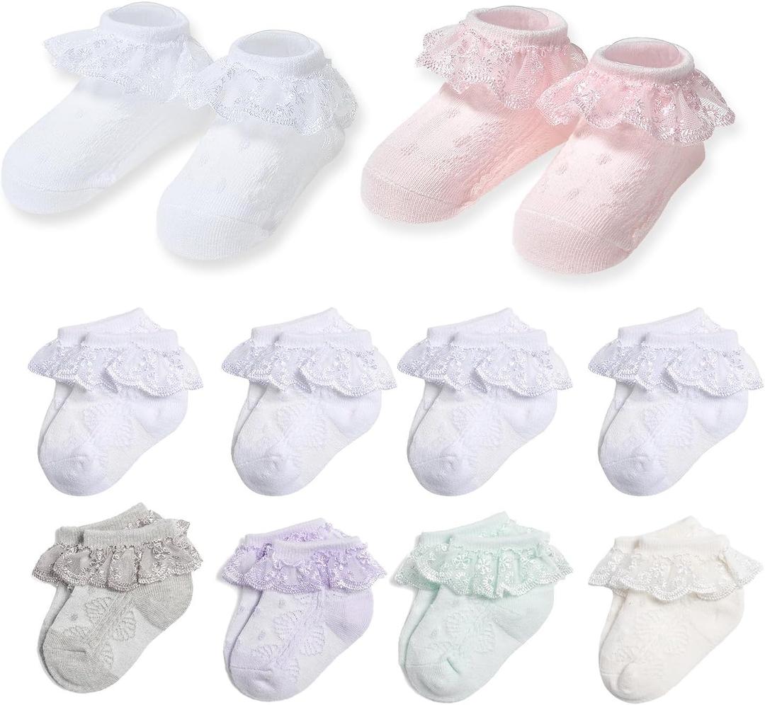 Nurtursoft Baby Girl Lace Socks, Soft Cotton Ruffle Dress Socks for Newborns 0-3 Months, Ankle High (Mixed 10-Pack XXS)
