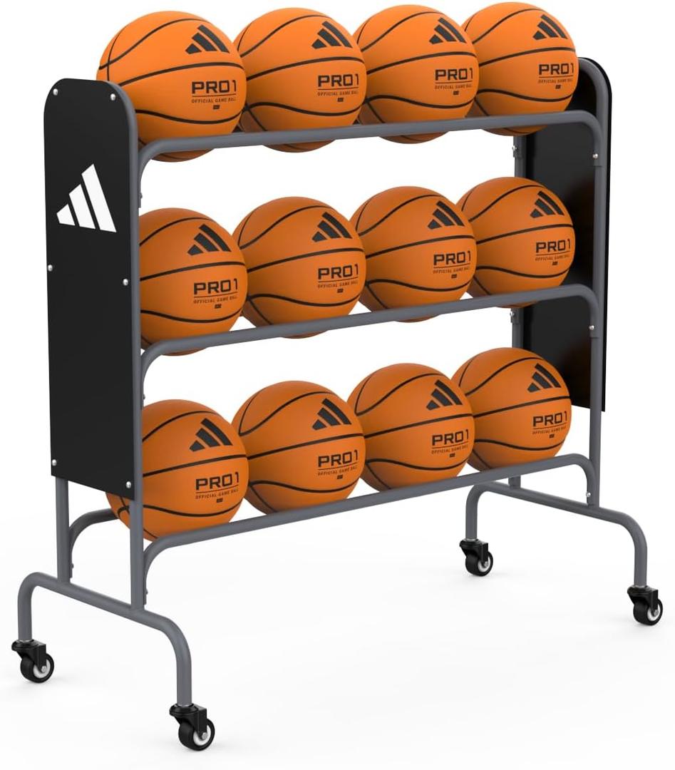 adidas | Basketball Rack | Powder Coated Steel with Wheels | Holds 12 Official Size Basketballs
