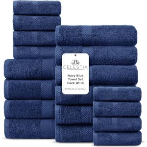 100% Cotton Bath Towel Set of 18-4 Bath Towels, 6 Hand Towels, 8 Wash Cloths, Sustainable, Soft, Highly Absorbent, Combed Cotton 18 Piece Set for Hotels, Spa, Bathroom, Dorm, Navy Blue