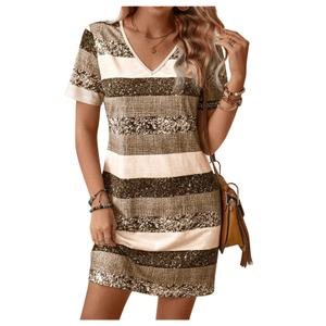 SOLY HUX Women's V Neck Color Block Short Dress Leopard Print Short Sleeve T Shirt Dresses Brown Multi Medium (M)