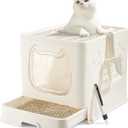 Cat Litter Box with Lid, Covered Top Entry Kitten Litter Pan for Small and Medium Cats, Anti-Splashing Kitty Potty with Slide-Out Litter Tray (White)