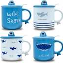 Shark Pattern 12 Oz Porcelain Coffee Mug Set of 4 with Lid and Spoon, Ceramic Mugs Sets, Perfect for Coffee, Tea and Milk, Microwave and Dishwasher Safe, Gift for Coffee Lovers