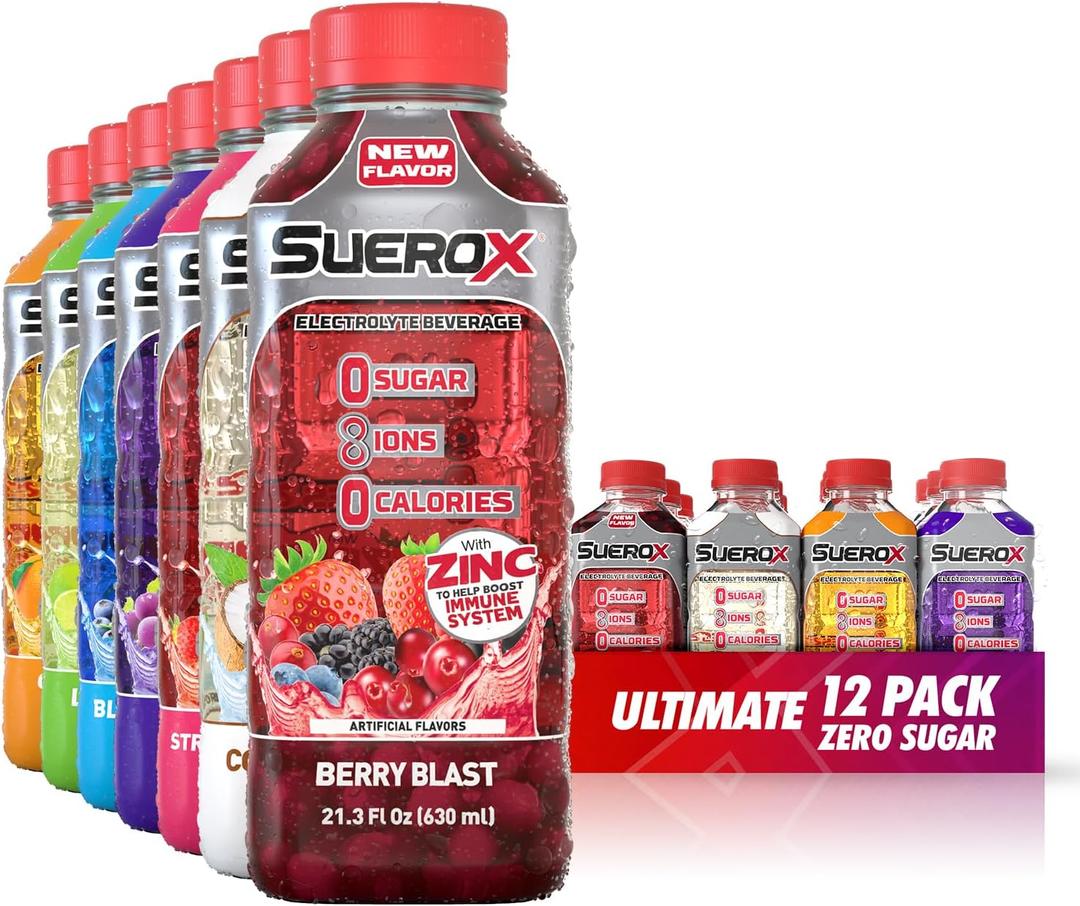 SueroX Zero Sugar Electrolyte Drink for Hydration and Recovery, Unique Blend of Electrolytes & 8 Ions, Zero Calorie Sports Drink, 21.3 Fl Oz, Ultimate Pack, 12 Count