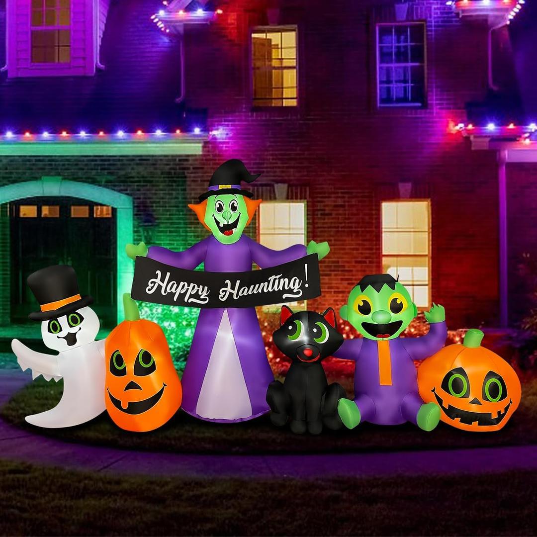 BLOWOUT FUN 8ft Length Halloween Inflatable Witch, Ghost, Frankenstein Baby, Black Cat with Pumpkin Decoration, LED Blow Up Lighted Clearance Decor Indoor Outdoor Holiday Art Decor Decorations