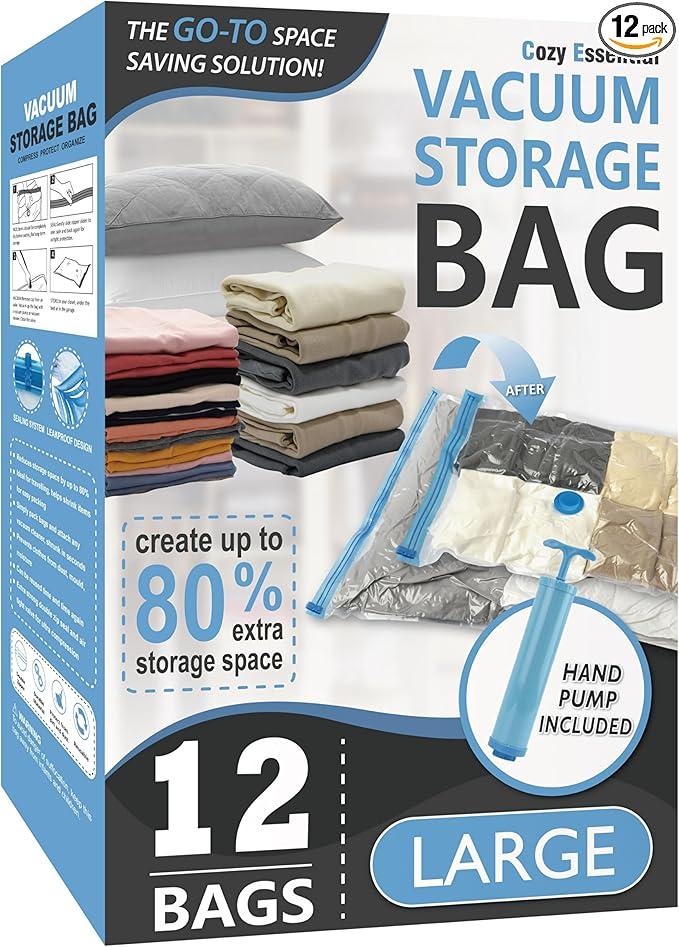 Cozy Essential Vacuum Storage Bags, 80% Compression Vacuum Seal Space Saver Plastic Packaging Bags for Clothes, Blankets, Pillow, Bedding, Comforters, Sealer Clothing Storage,12 Combo