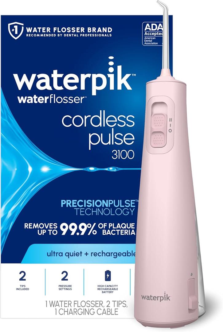Waterpik Cordless Pulse Rechargeable Portable Water Flosser for Teeth, Gums, Braces Care and Travel with 2 Flossing Tips, Waterproof for Shower Use, ADA Accepted, WF-20 Pink,