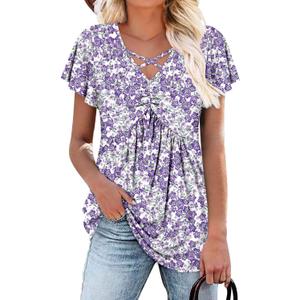ONLYSHE Women's Summer Floral Shirts Ladies Casual V Neck Tunic Tops Henly Puff Sleeve Blouse for Leggings (5 Whitepurple)
