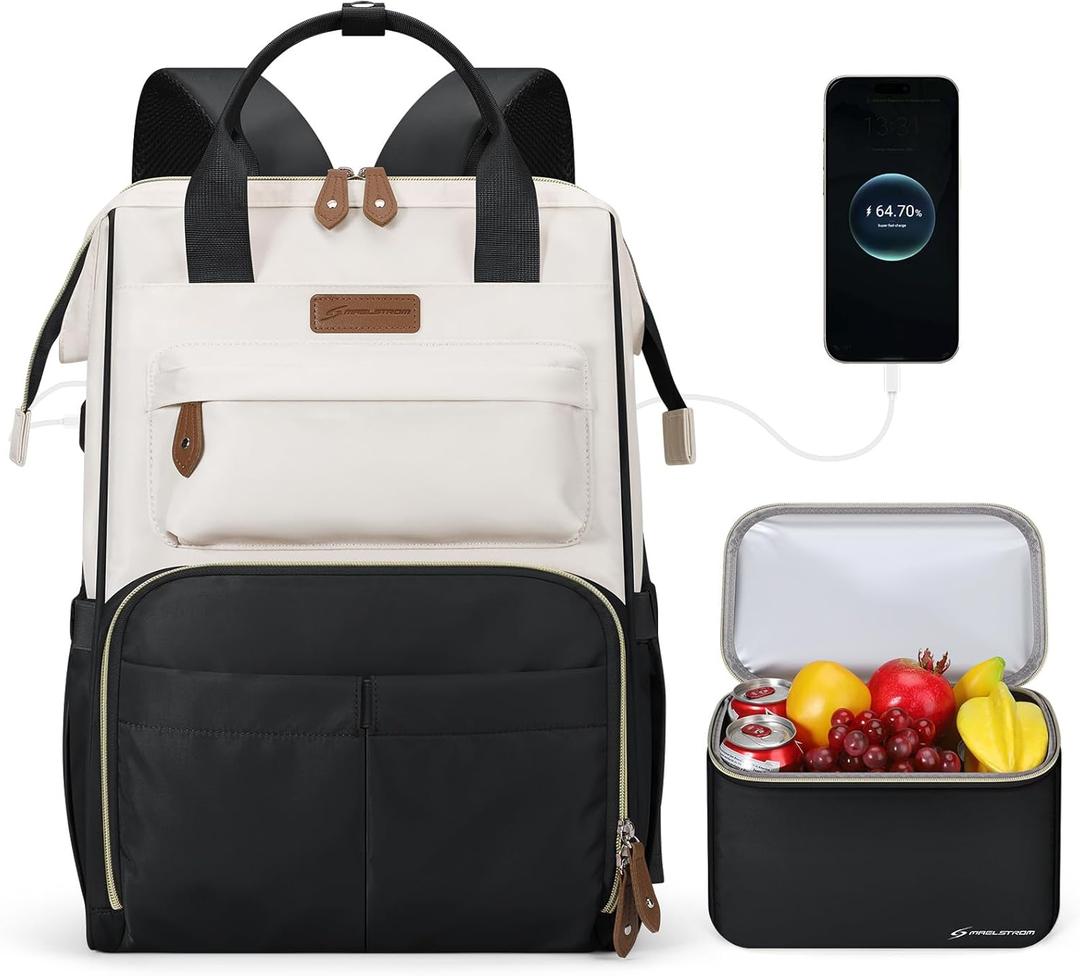 Maelstrom Travel Backpack for Women Men,Laptop Backpack Fits 15.6-17.3 Inch Laptop, Nurse/Work Bag with Insulated Lunch Box (Black-beige) (Standard)