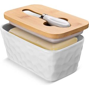 Butter Dish with Lid: Large Butter Dish for Countertop - Ceramic Butter Container with Knife Double Silicone Seal - Unique Stone Butter Dishes with Covers for Farmhouse Kitchen Decor Home Decor White