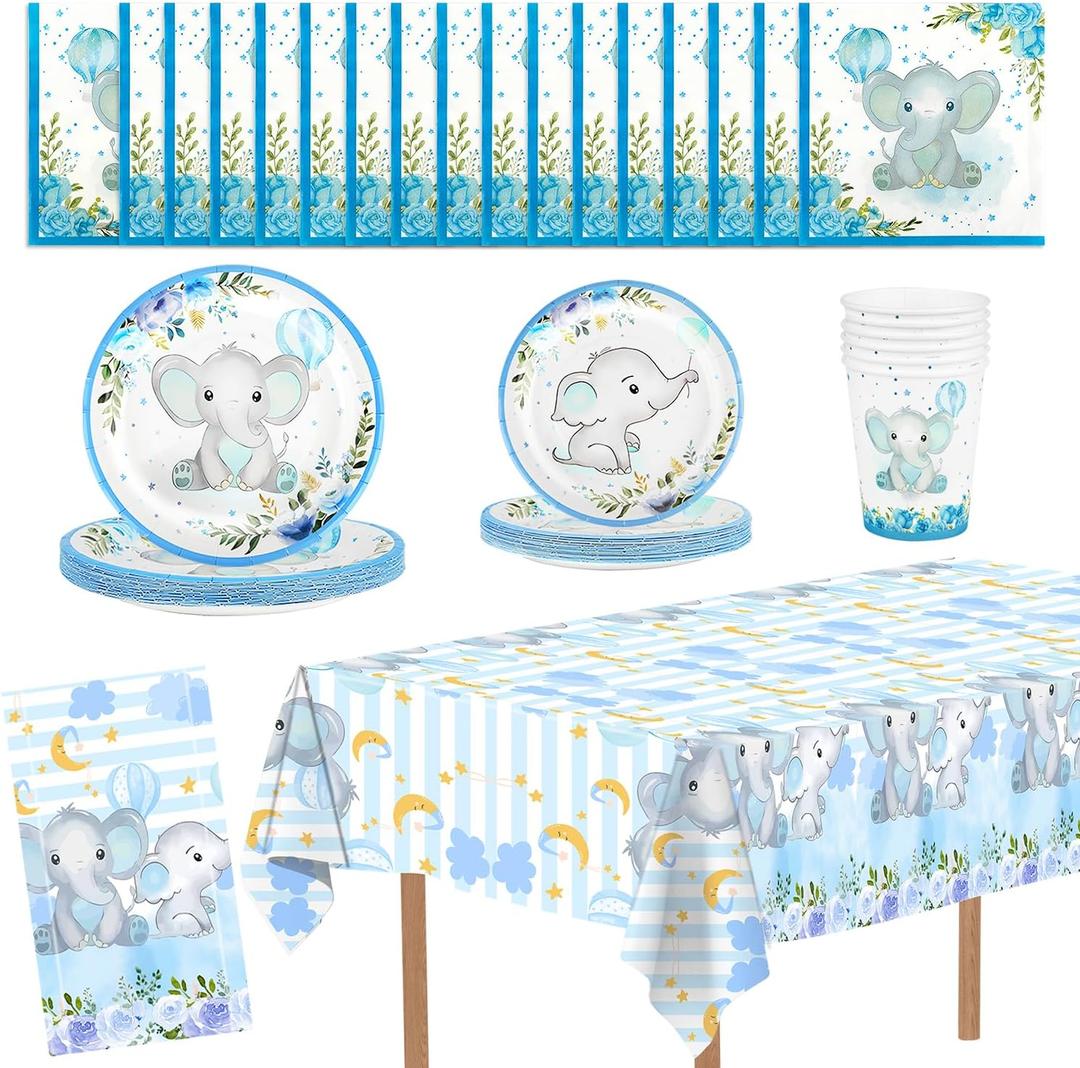 81 PCS Elephant Party Tableware Supplies, Disposable Blue Plates Cups Napkins Tablecloth Elephant Dinnerware Set for Anniversary Baby Shower Birthday Party Thanksgiving Christmas Decor, Serves 20