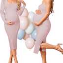 OUGES Maternity Baby Shower Dress 2 Piece Sets Formal Wedding Guest Gender Reveal Photoshoot Ribbed Knit Sweater (X-Large, Pink)