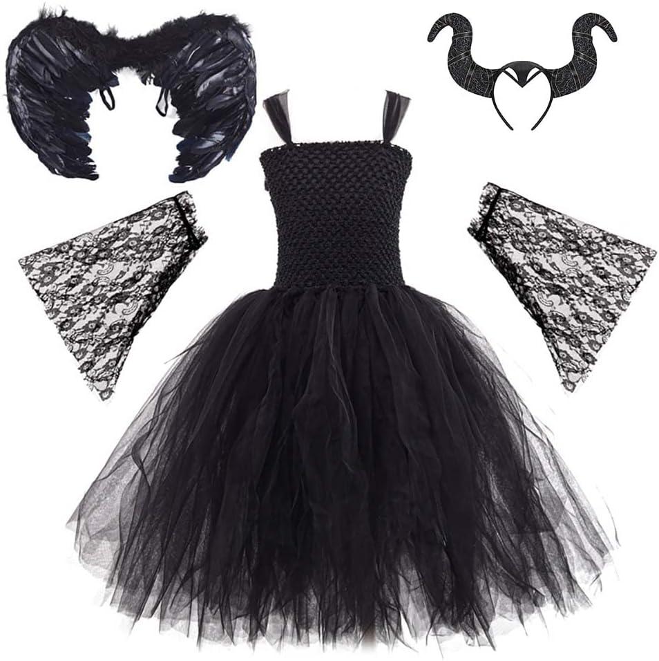 IBTOM CASTLE Halloween Costume for Girls Kids Black Tulle Witch Gown Horns Headband Wings Costume Set Carnival Fancy Dress Up (11-12 Years)