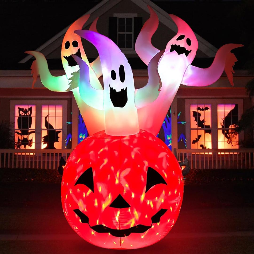 Halloween Inflatables Pumpkin Ghost Outdoor Decorations 6ft Giant Blow Up Three Ghost Inflatable Yard Decor with Built-in Colorful LED Lights for Holiday Party Lawn Garden Home Indoor Outside