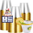 JOLLY CHEF 100 Pack Gold Plastic Cups, 9 oz Clear Plastic Tumblers, Elegant Gold Rimmed Cups, Disposable Glasses for Wedding, Thanksgiving Day, Christmas Party
